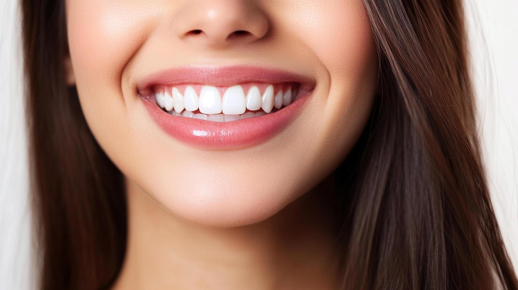 Radiant smile showcasing perfectly aligned, bright white teeth, enhanced by glossy pink lips and soft brown hair framing the face. photo