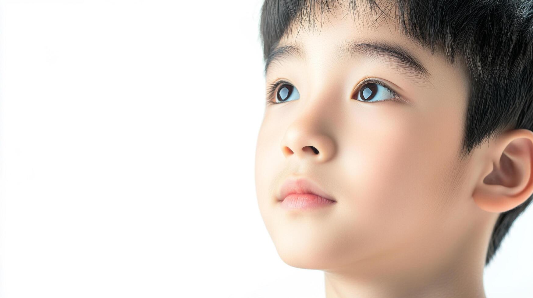 A youthful boy looks up, his expression thoughtful. He is likely considering possibilities or hoping for a positive outcome to come to pass. photo