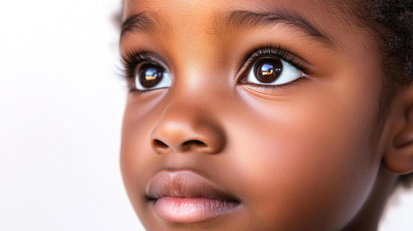 A child's upward gaze with beautiful brown eyes, reflecting curiosity and innocence, stands against a plain background, capturing pure wonder. photo