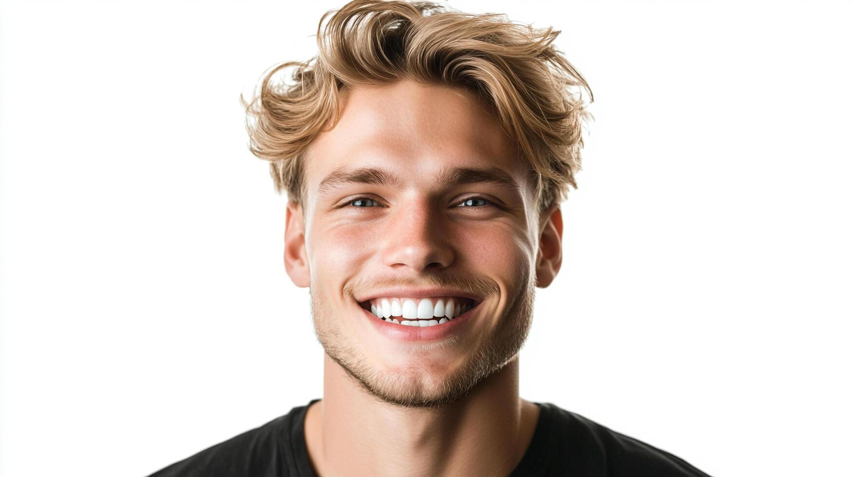 A close-up of a smiling young man with blond hair against a white background, creating a clean and inviting portrait. photo