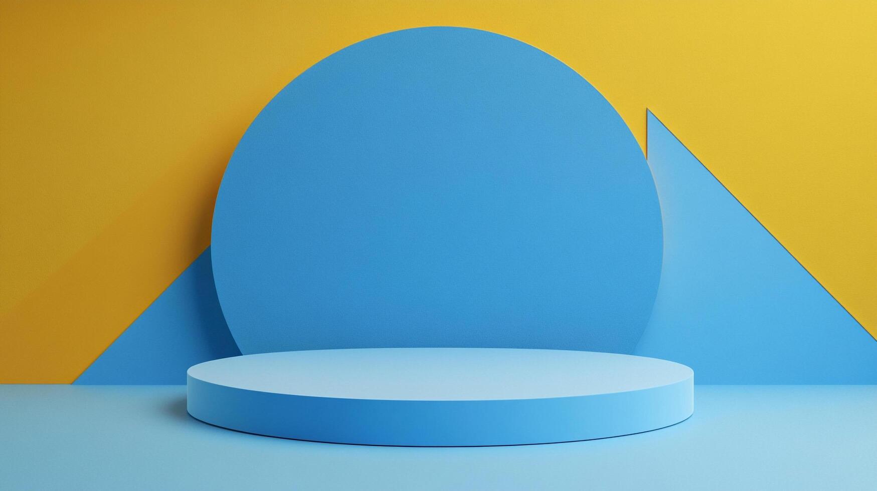 A simple, contemporary platform in varying shades of blue with yellow backdrop elements arranged in geometric shapes, perfect for product placement. photo