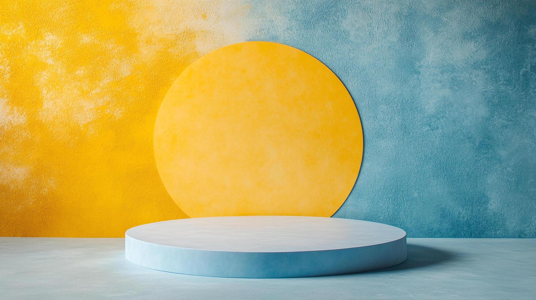 Elegant product display stage with a yellow disk background split with blue, perfect for presenting your product in a stylish way. photo