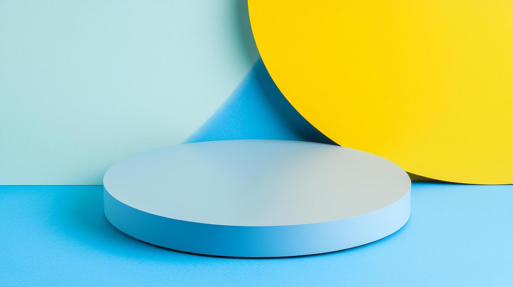 A geometric studio setup with a light blue platform, yellow circle, and angled blue backdrop. Great for product placement. photo