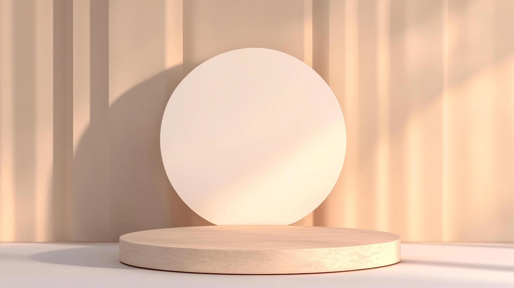 Minimalist display with soft lighting, showcasing a round stage against a textured wall, creating a sense of calm and simple elegance. photo