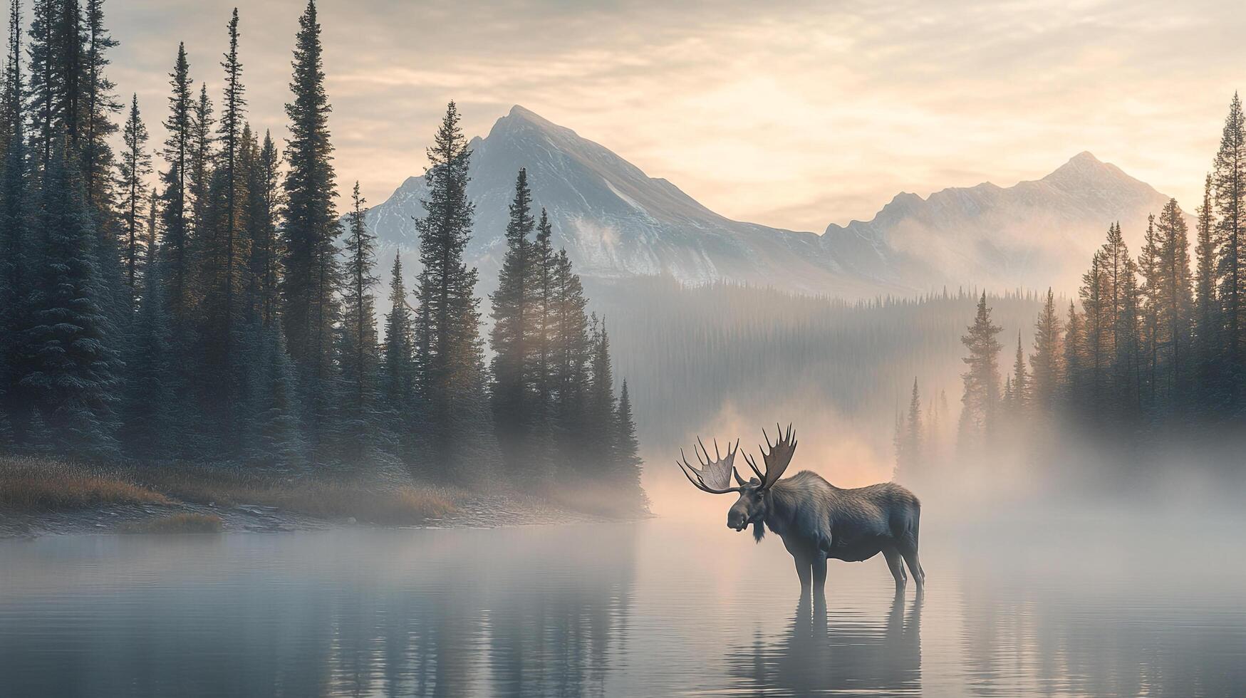 Majestic moose stands in a misty lake, surrounded by serene forests and towering mountains in a breathtaking scenic landscape. photo