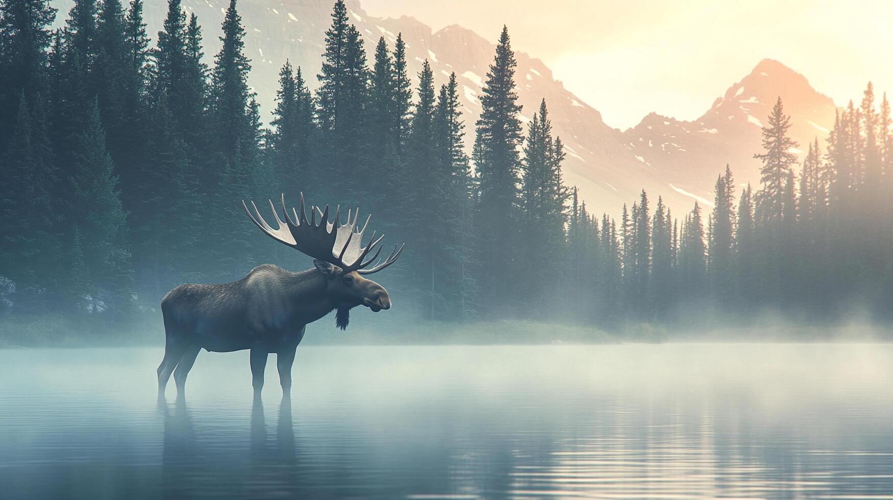 Majestic moose stands in a serene lake at sunrise, surrounded by misty forest and towering mountains. Tranquil nature scene. photo