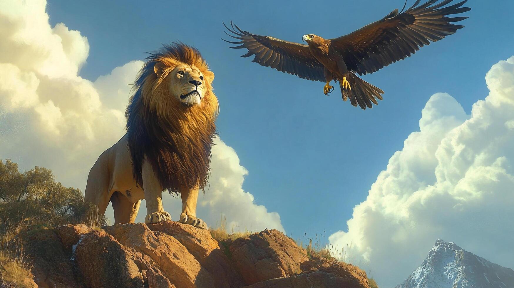 Lion stands majestically on a rocky summit under a partly cloudy sky as a majestic eagle soars. A beautiful scene of strength and freedom. photo