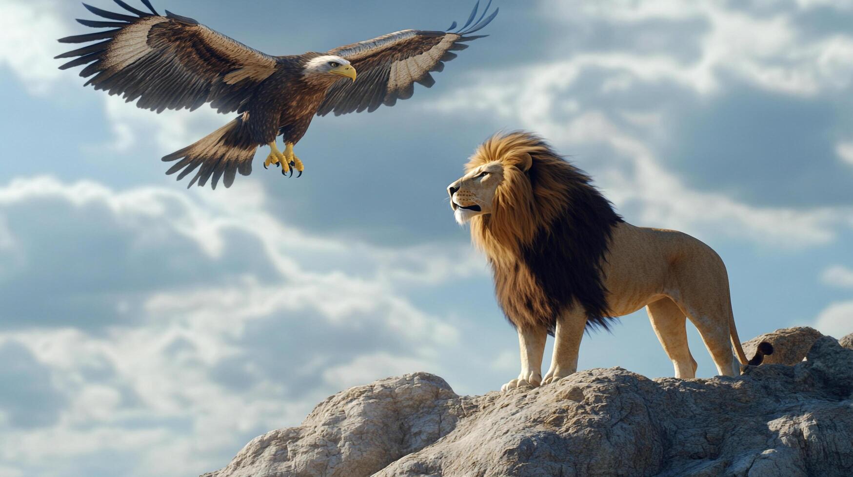 A majestic lion stands on a rocky outcrop, facing a soaring eagle in a dramatic sky. Their paths converge in a display of nature's grandeur. photo