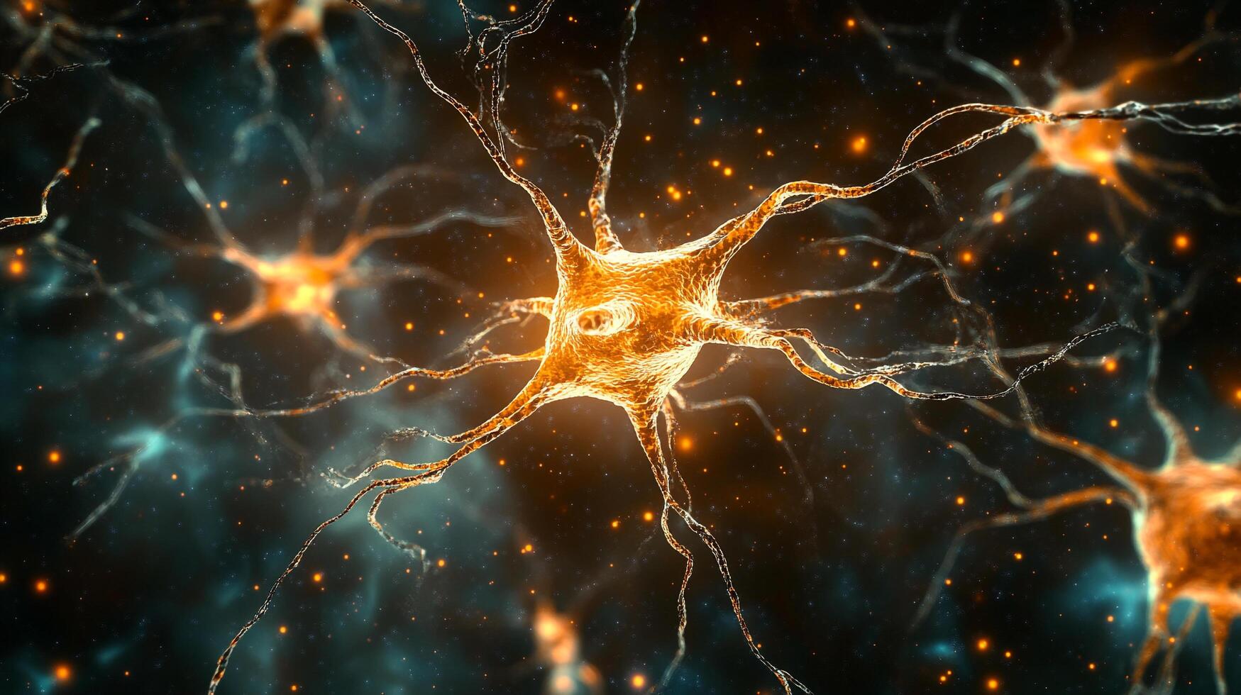 Detailed neuron cell illustration with a network of nerve cells. Focus is on brain health, neurological research and communication. photo