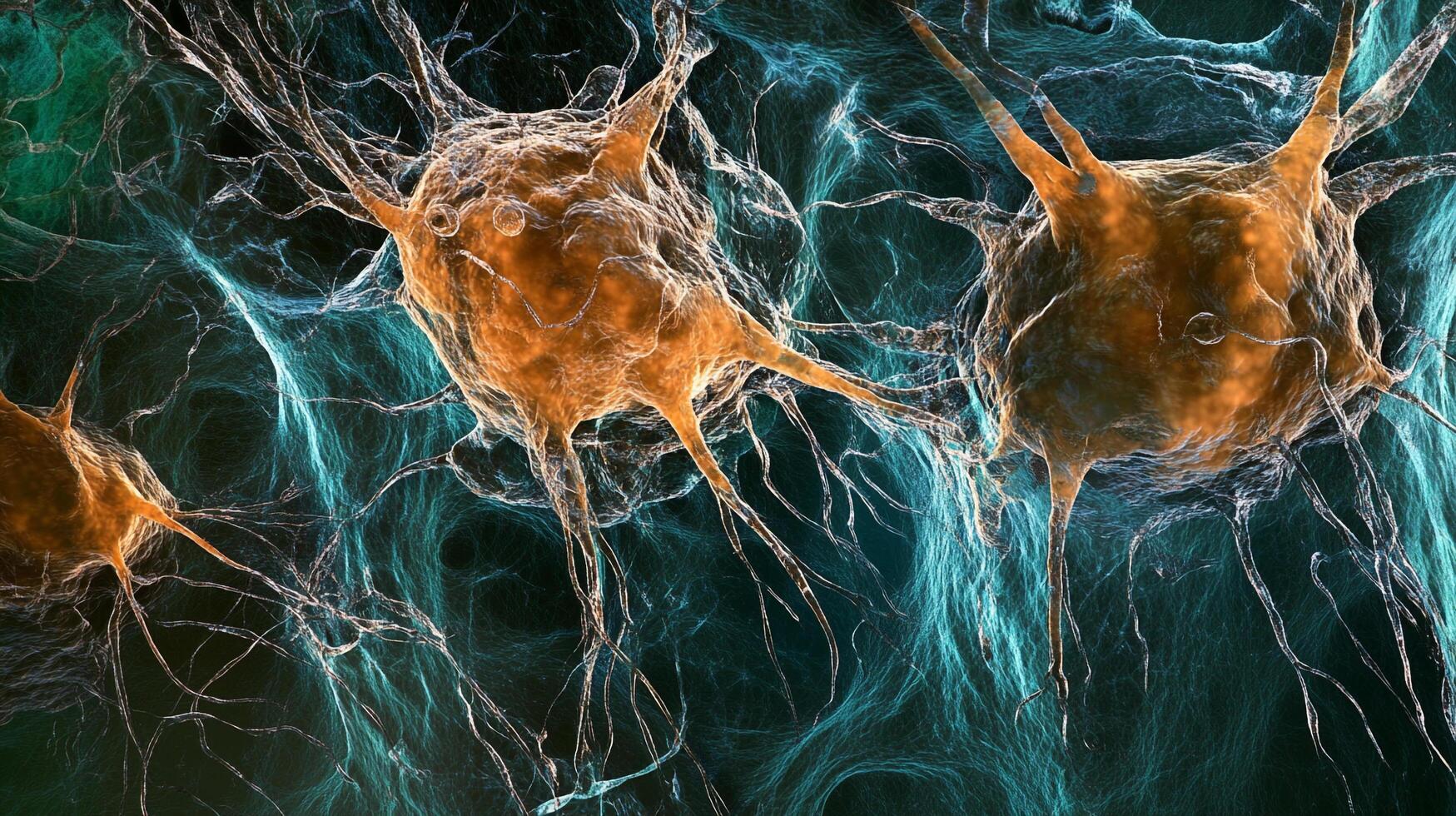 Detailed microscopic view reveals complex neuronal network with orange cells and blue pathways suggesting vital brain communication. photo