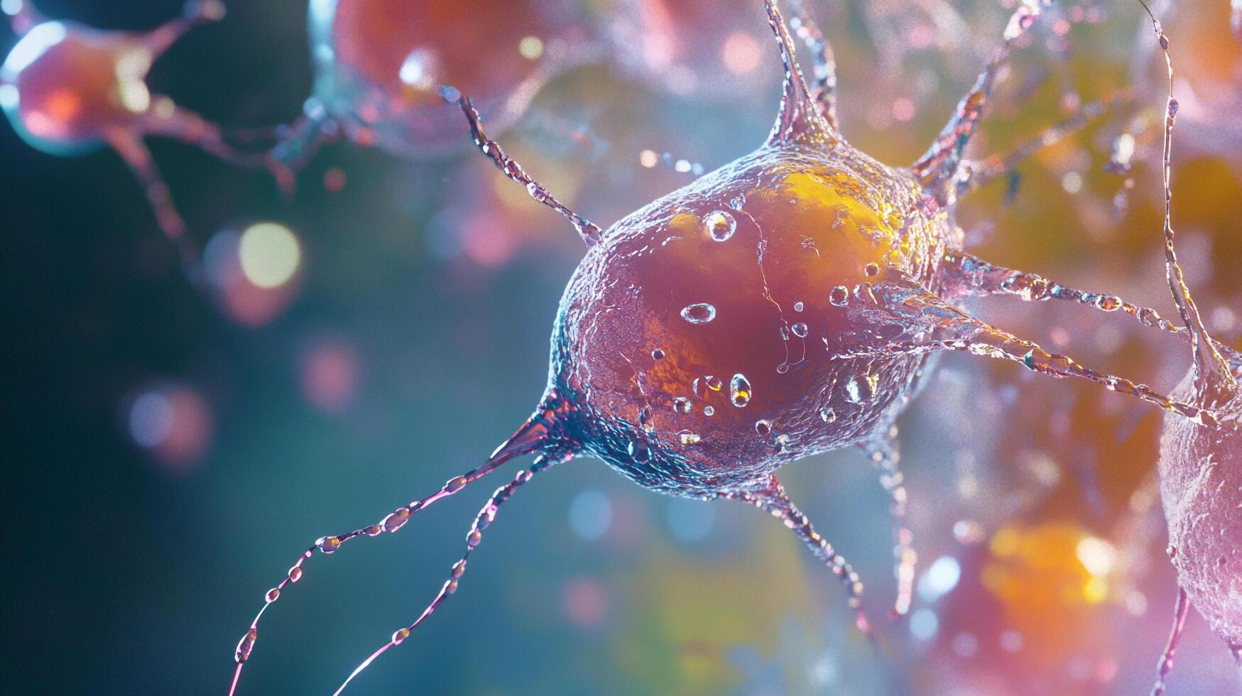 Abstract vibrant microscopic rendering showcases cellular structures, possibly neurons, symbolizing science, biology, or medical research. photo