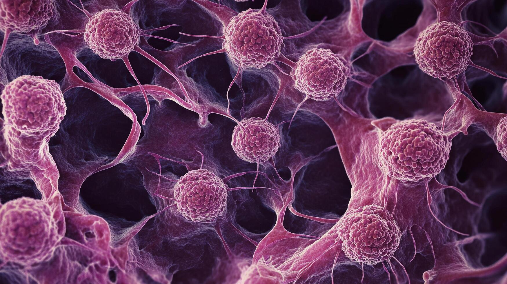Microscopic view of cellular structures in a purple hue, showcasing intricate biological formations. Examination of cellular level details. photo