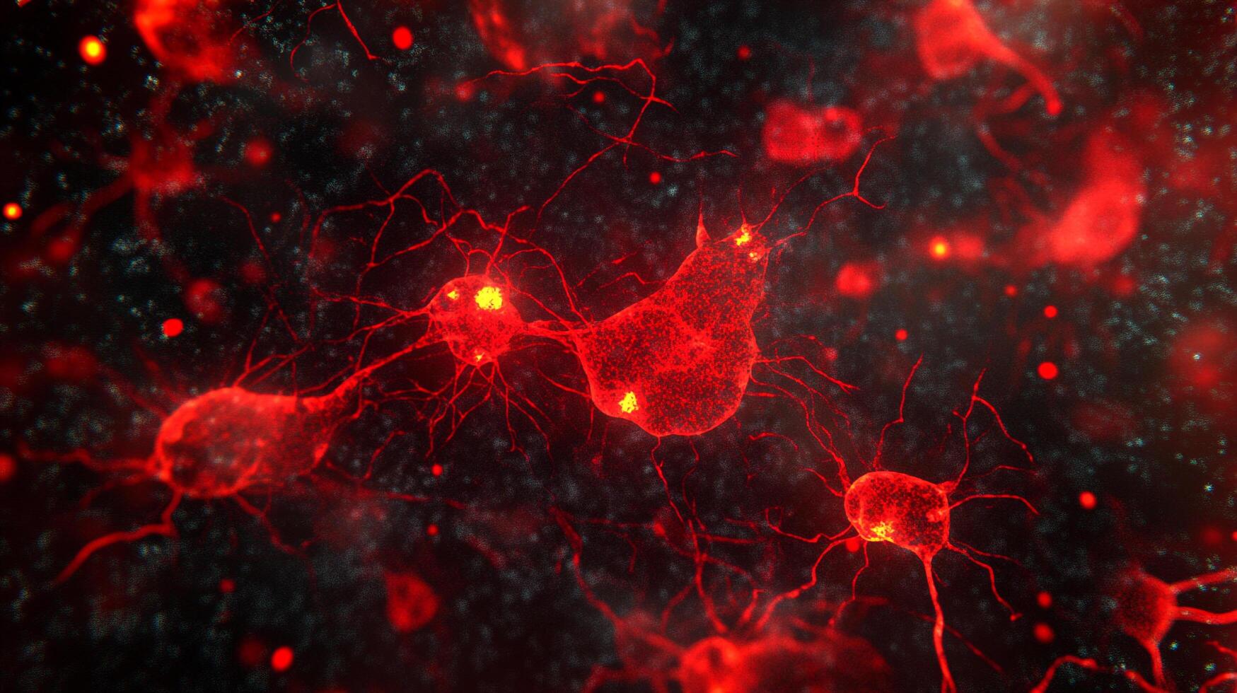 An abstract red and black rendering showing a network of nerve cells, illuminated in a microscopic view. Dark backdrop with glowing patterns. photo