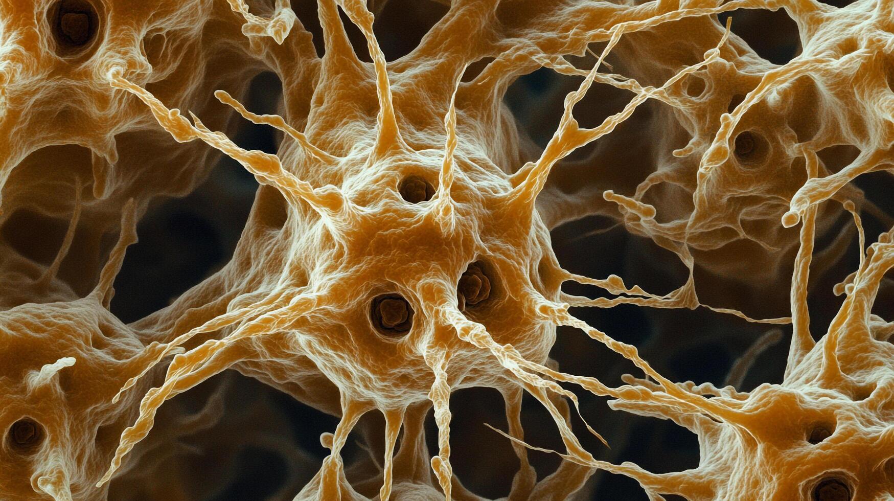 A highly detailed, microscopic view showcases a complex cellular structure, highlighted by intricate connections and organic textures. photo
