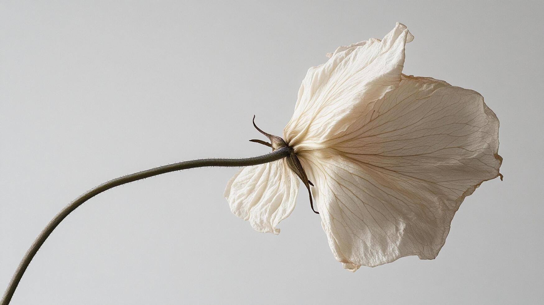 A delicate, ethereal white flower stands out against a neutral background, its petals radiating a sense of fragility and timeless beauty. photo