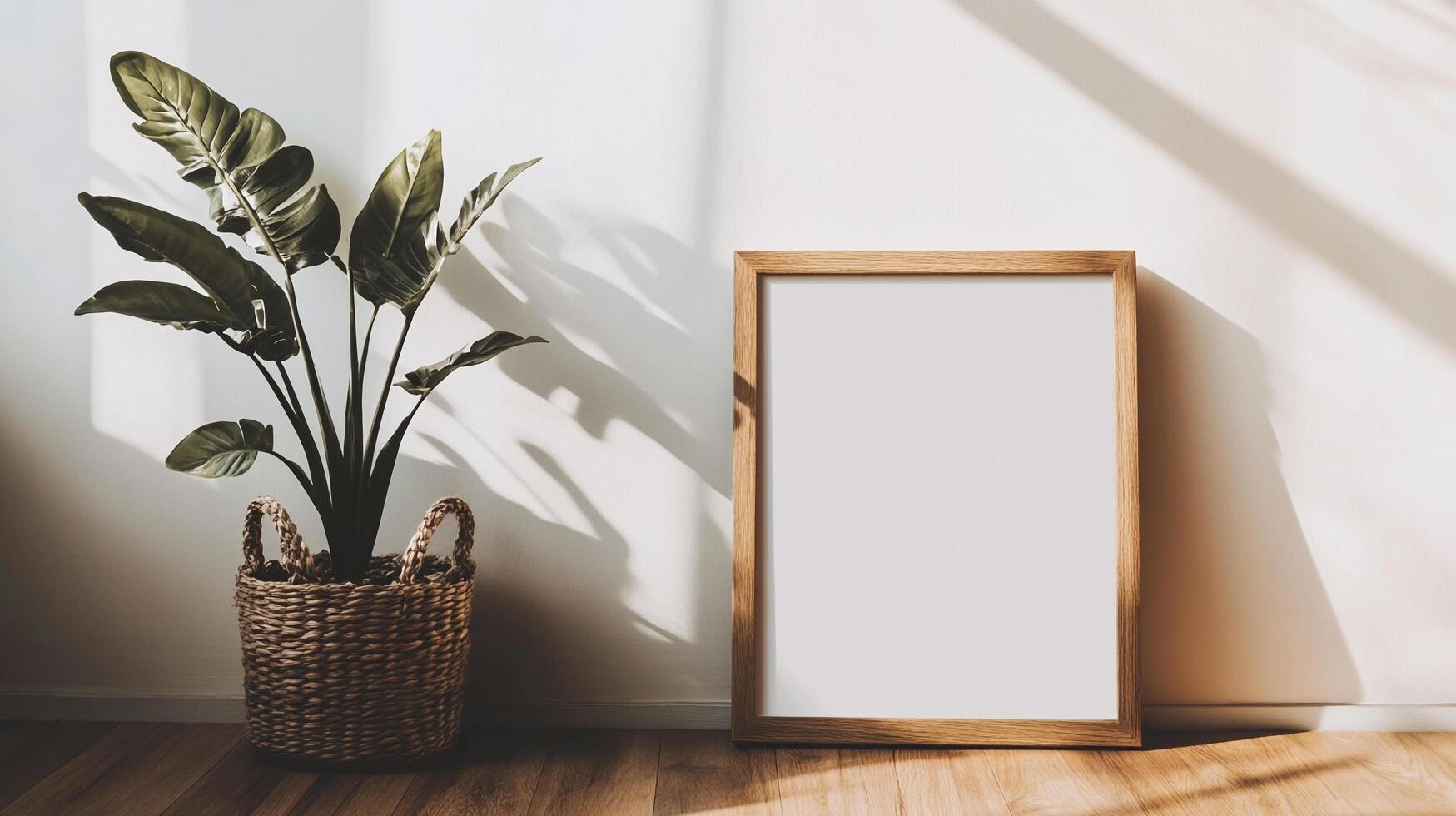 Indoor scene with a leafy plant in a woven basket beside a blank picture frame against a white wall with shadows on a wood floor. photo