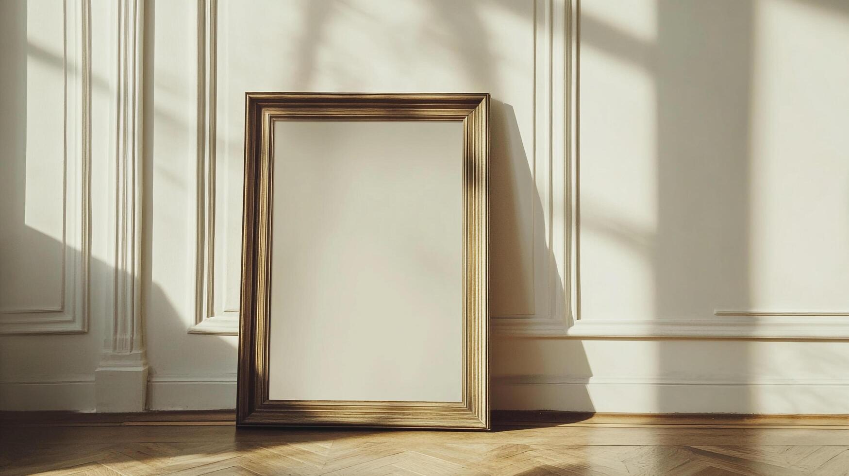 Sunlit framed blank canvas leaning against a wall. Ideal for showcasing artwork, prints, or photos in a bright setting.