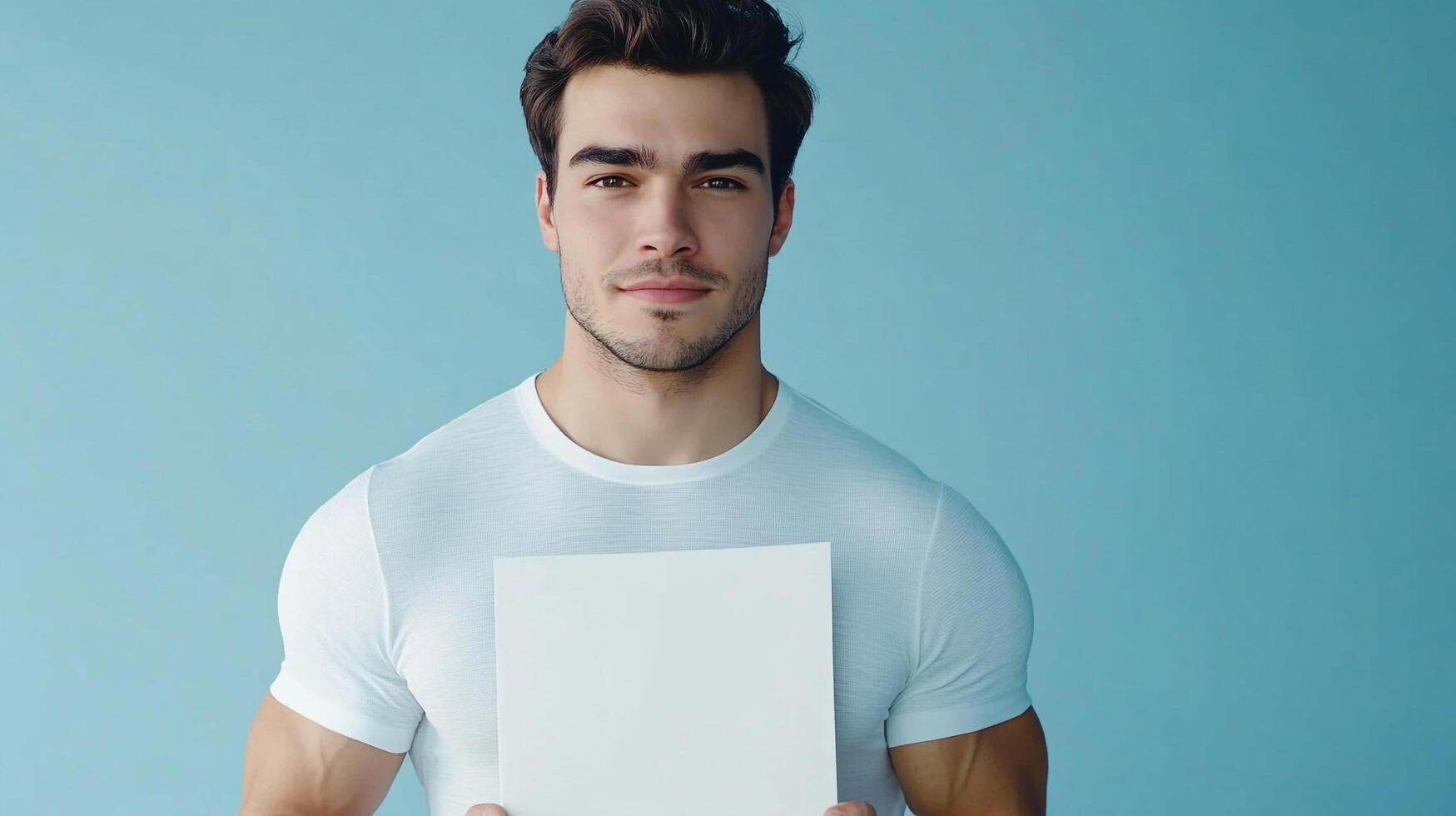 Handsome man posing with a blank white card in front of a blue background, showcasing a clean aesthetic and modern simplicity. photo