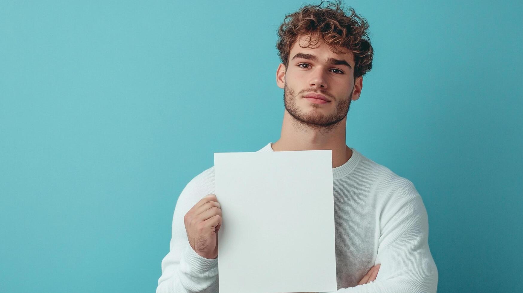 Handsome man confidently holding a blank white sign against a vibrant blue background. Perfect for promoting various messages and ideas. photo