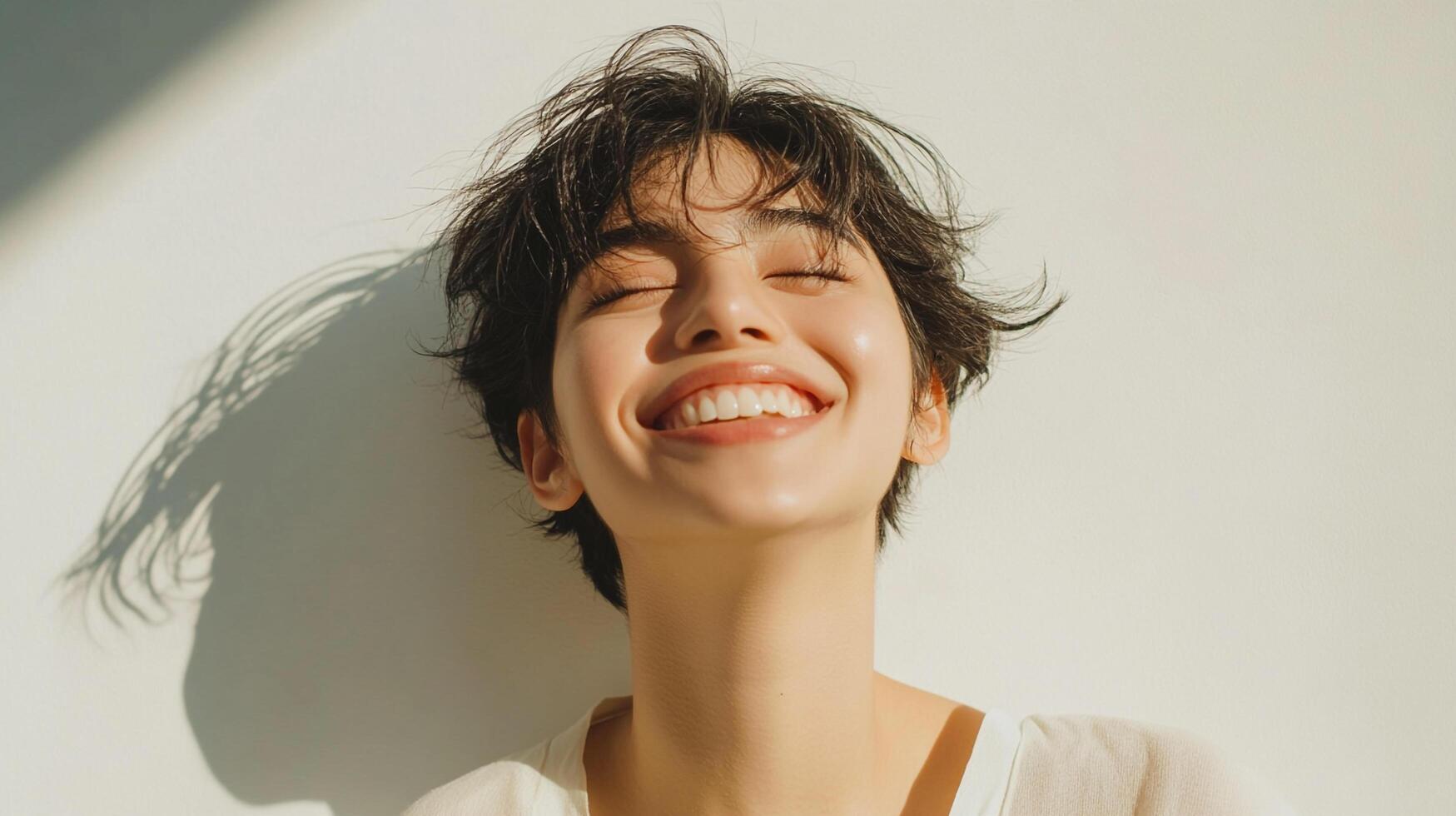 Radiant woman basking in sunlight, her bright smile and closed eyes conveying pure joy against a plain background. Short haircut adds style. photo