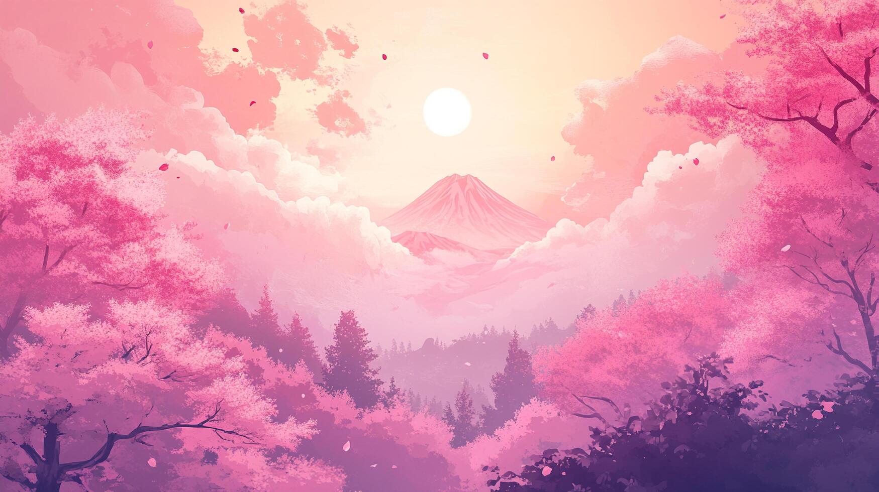 Pink blossoms frame a distant mountain peak under a serene sky, creating a peaceful landscape with a soft, dreamlike quality. photo