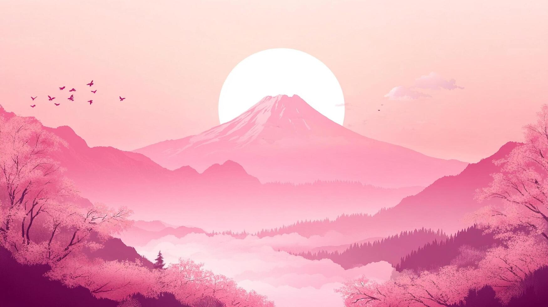 Pink-toned mountain scenery with a rising sun, birds in flight, and blossoming trees creating a serene, ethereal landscape. photo
