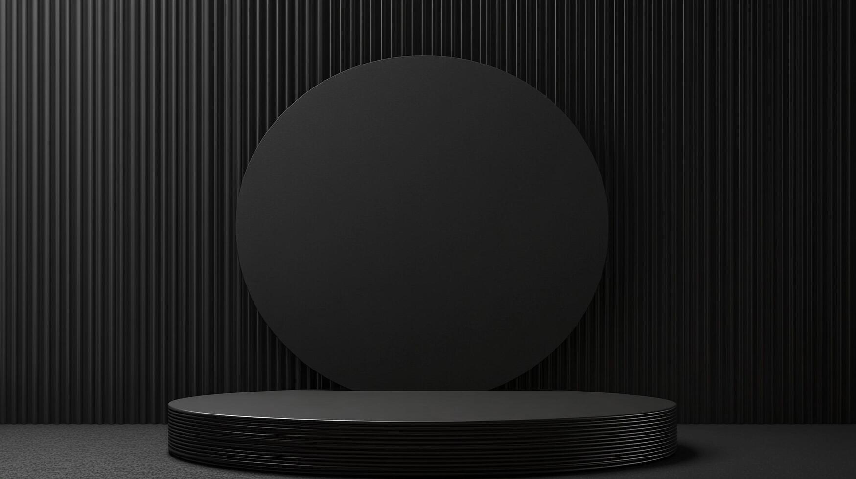 Monochromatic display featuring a circular backdrop, black podium, and a textured wall, creating a sleek, modern presentation surface. photo