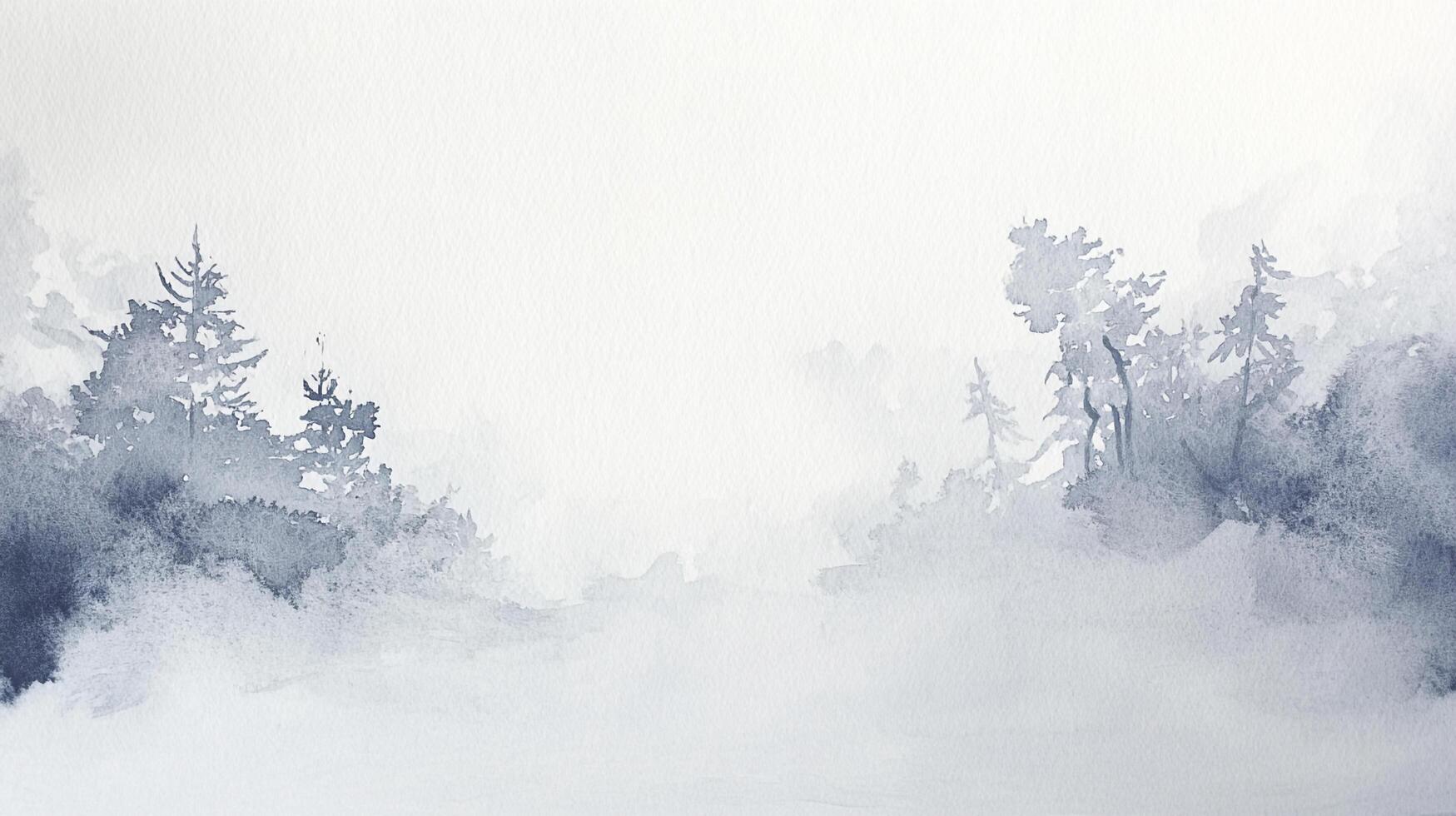 Watercolor painting of a foggy forest landscape with evergreen trees in a muted blue tone and a serene, misty atmosphere. photo