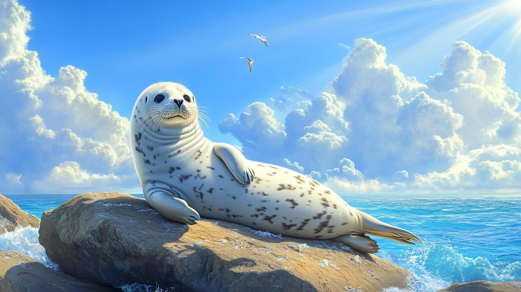 A serene seal rests peacefully on a rocky shore, gazing at the viewer against a backdrop of fluffy clouds and a radiant blue sky. photo