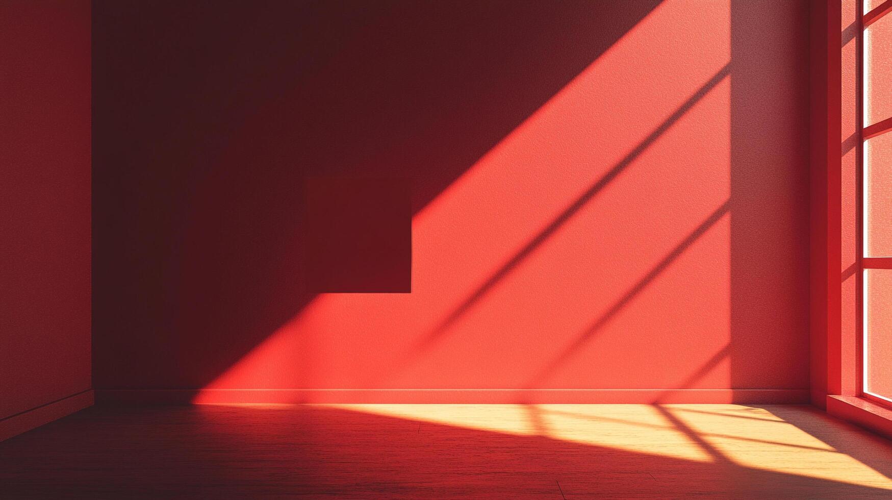 Sunlit room with red walls and wooden floor. The light from the window casts shadows and highlights the warm tones. photo