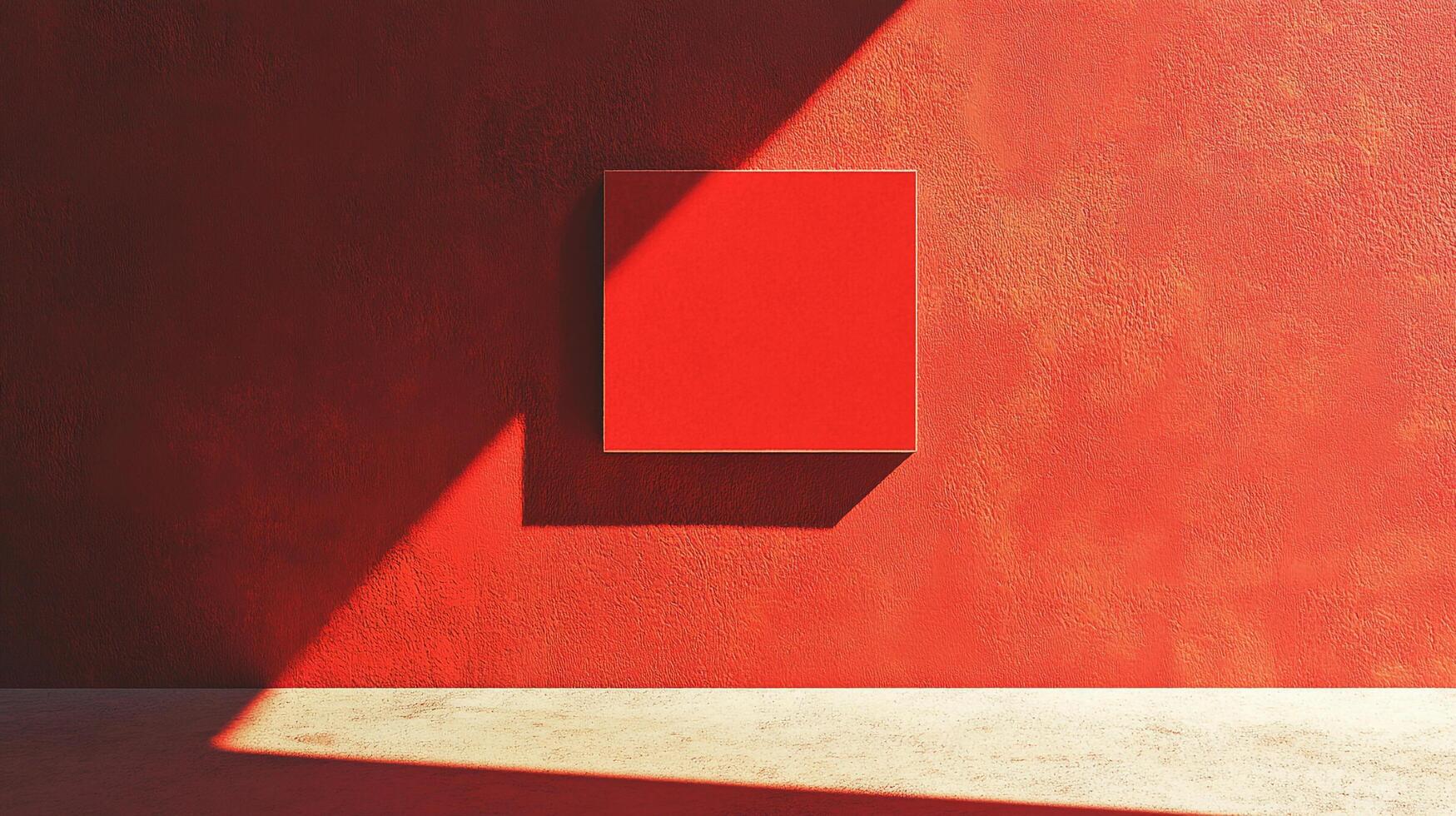 Abstract minimalist composition featuring a vibrant red square on a textured red wall illuminated by strong sunlight creating distinct shadows. photo