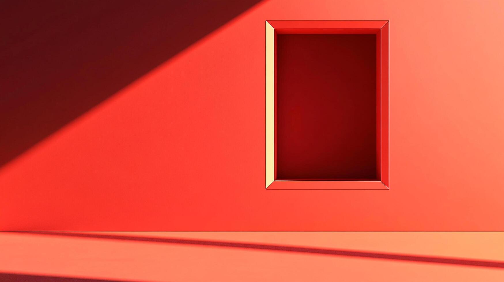 Minimalist interior bathed in light, featuring a recessed rectangle on a red wall, creating depth and a sense of modern serenity. photo
