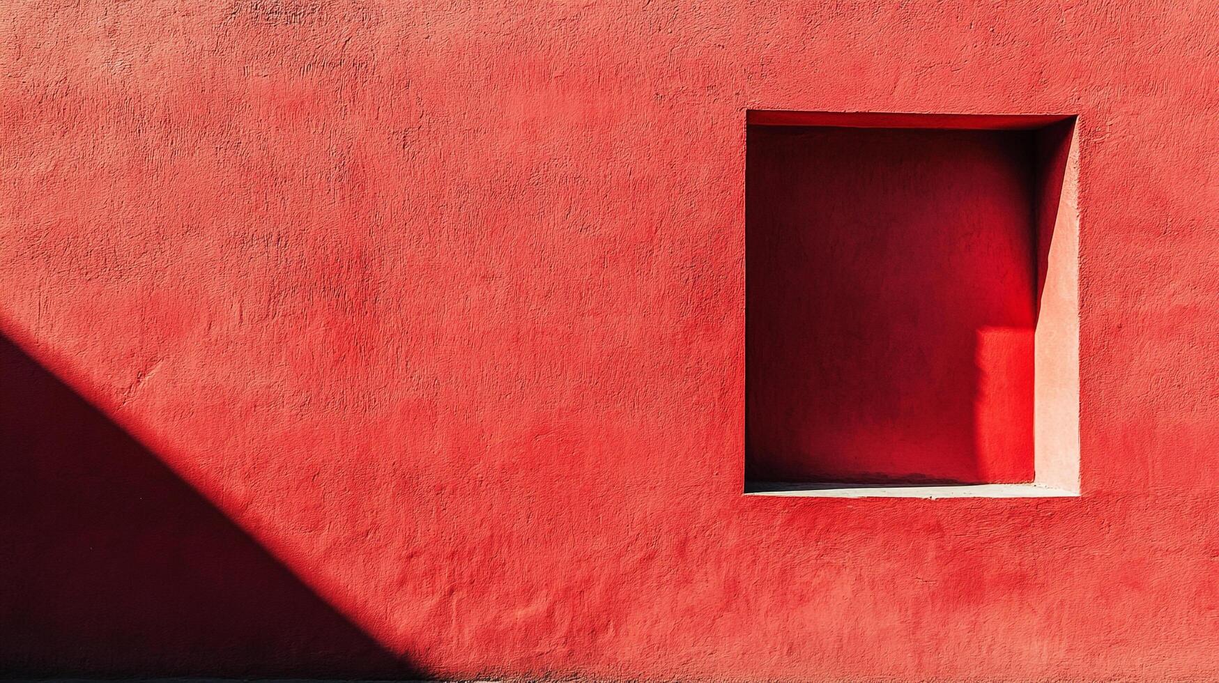 Geometric shapes on red stucco wall with a square opening and sharp shadow line creating a minimalist architectural composition. photo