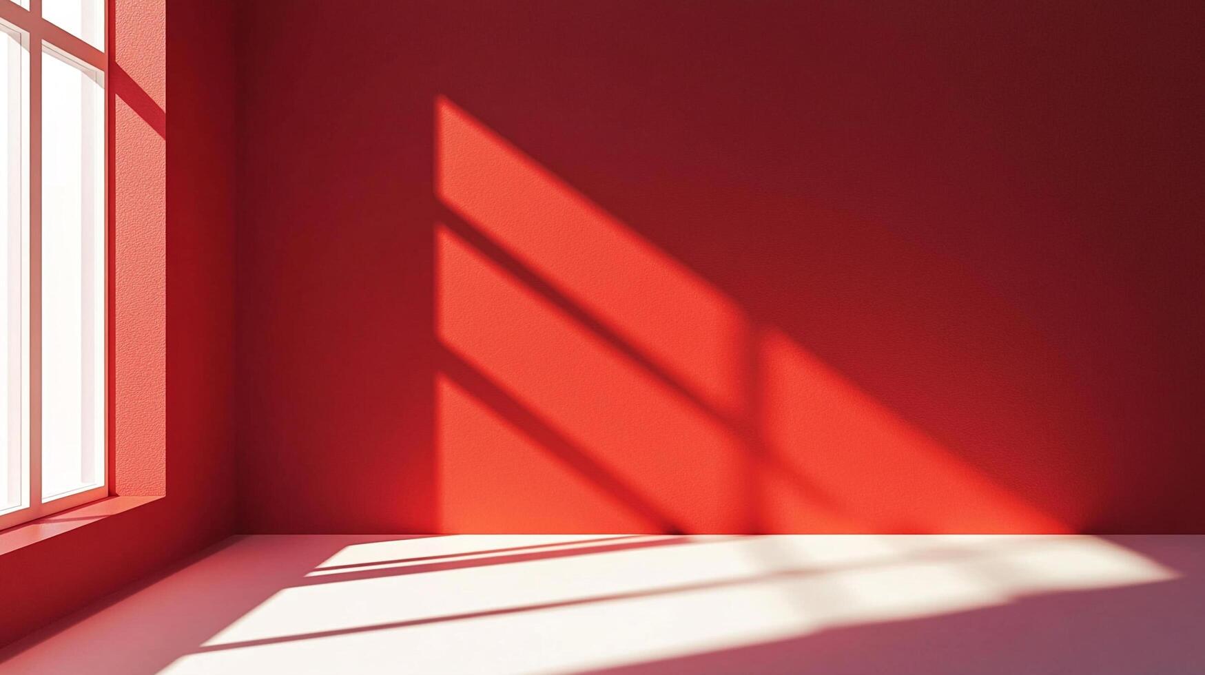 Sunlight streams through a window, casting sharp shadows on a red wall in a room. The light creates a striking contrast. photo