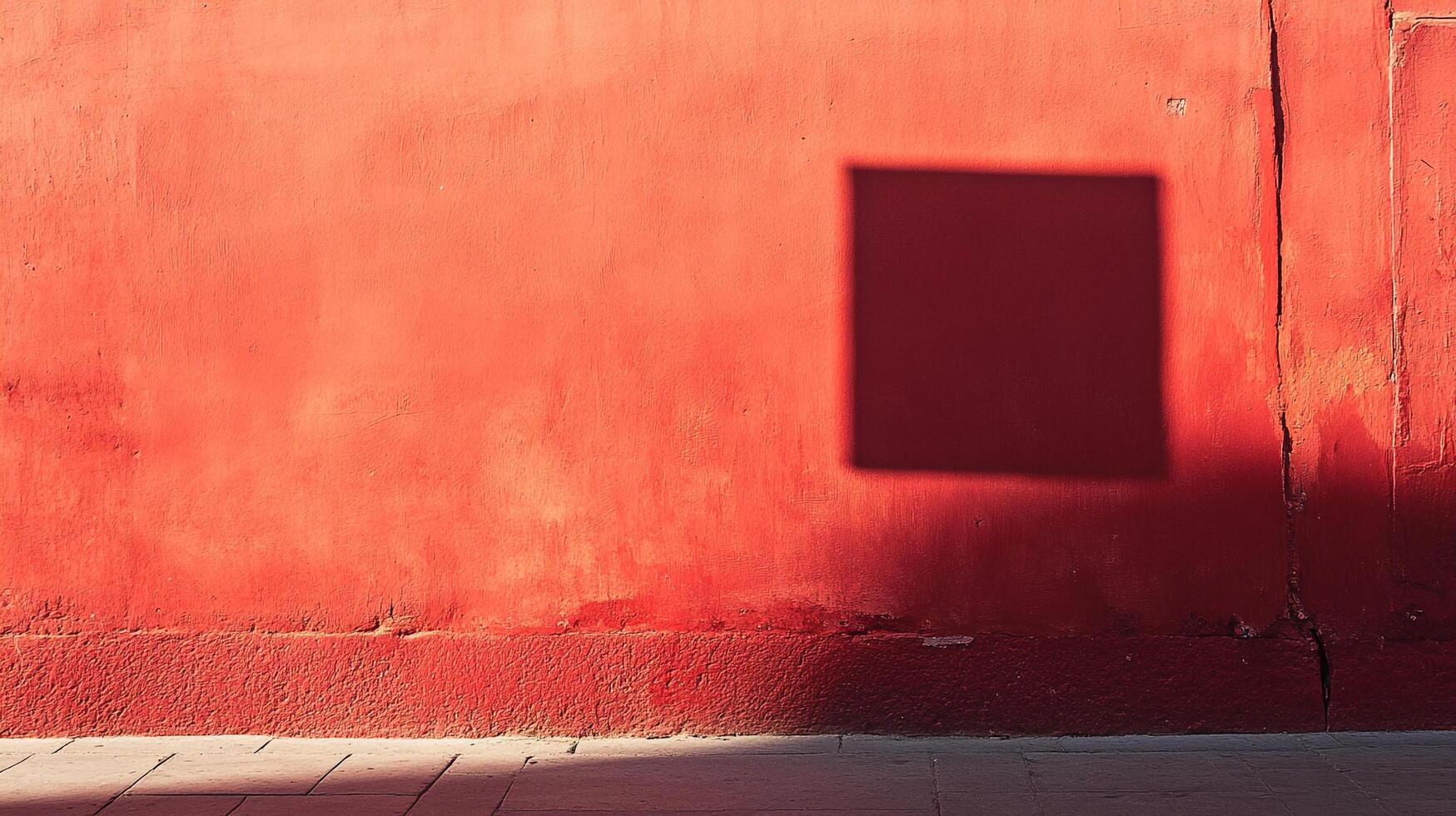 Sunlit terracotta wall with a square shadow evokes architectural simplicity and vibrant color. A study in light and form, and urban textures. photo