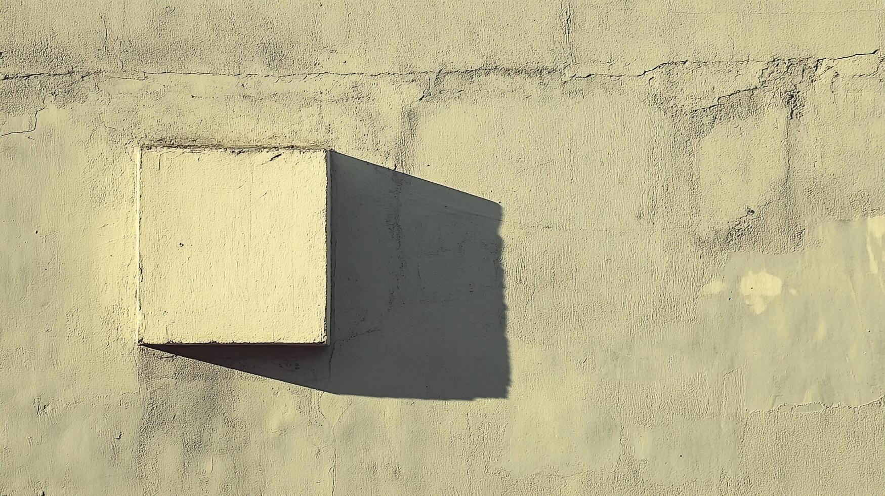 A textured wall featuring an outcropping box and a shadow in golden sunlight, creating contrast and depth in an urban setting. photo