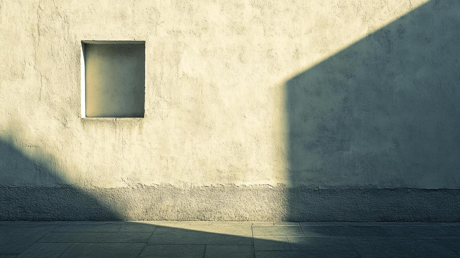 Minimalist architecture featuring textured wall, geometric shadows, and a square recess, creating a serene and contemplative visual space. photo