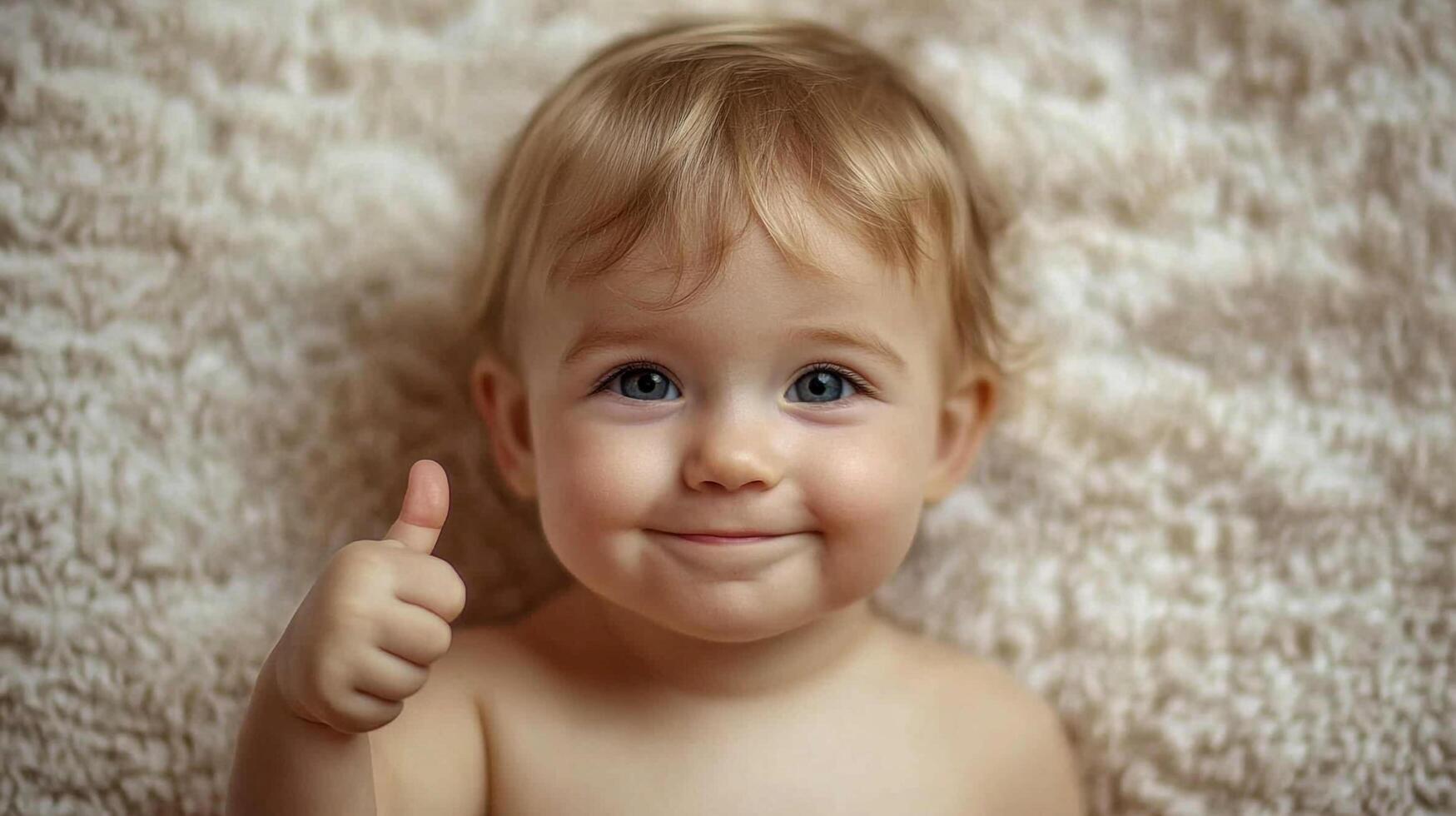 Adorable toddler with blonde hair lying on a fluffy rug gives a thumbs up, radiating pure joy and positivity with a charming expression. photo