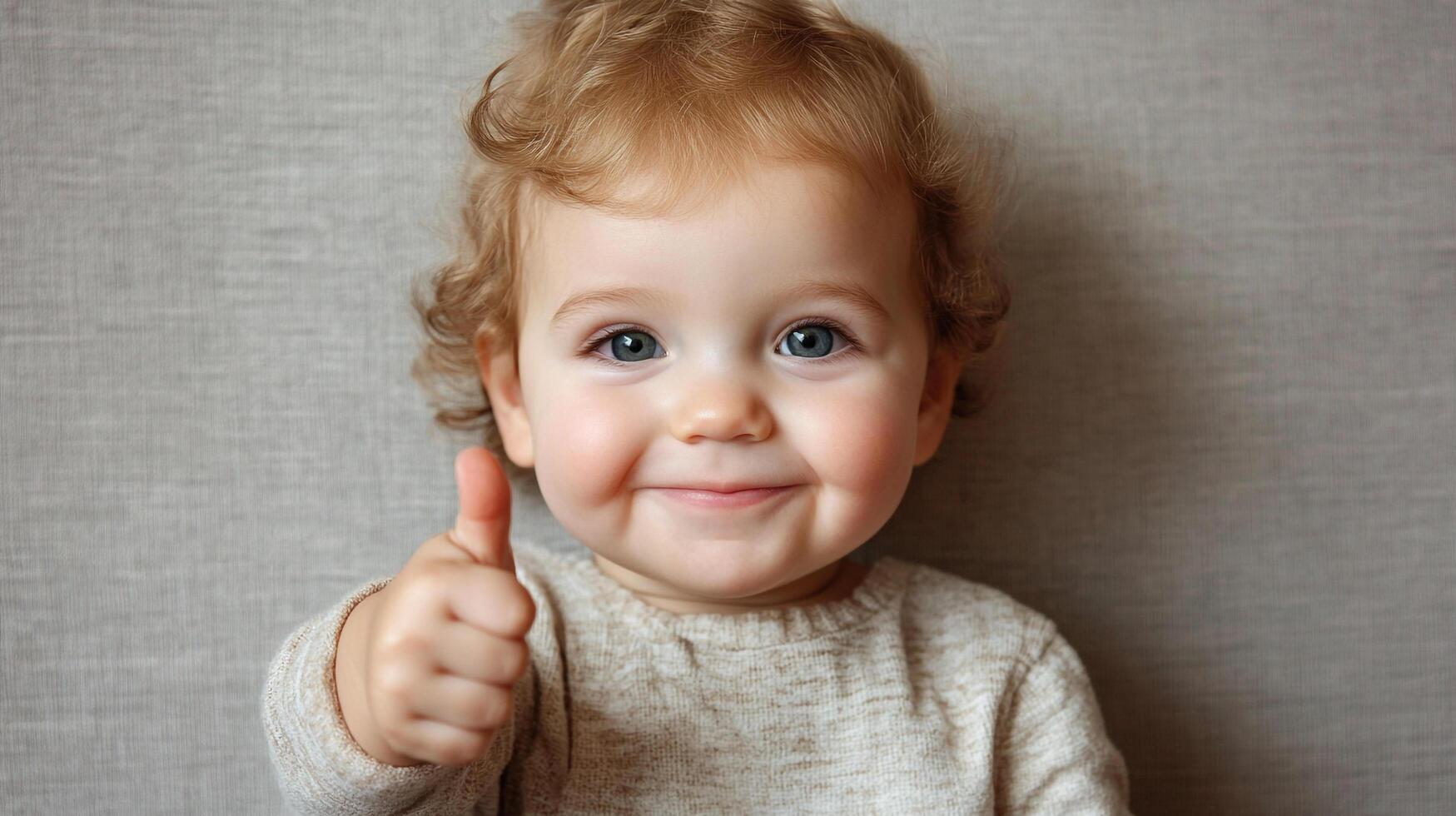 Adorable toddler with curly hair gives a thumbs up and a charming smile, radiating joy and positivity against a neutral backdrop. photo