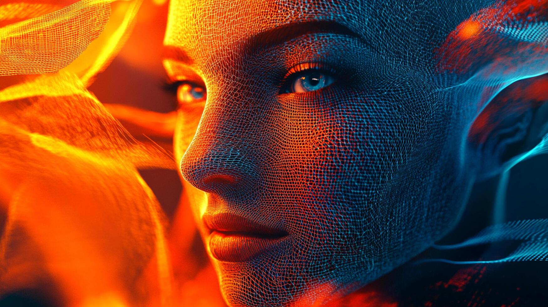 Futuristic digital portrait showcasing technology's blend with human form, blending artistry with technological advancement, a visual spectacle. photo
