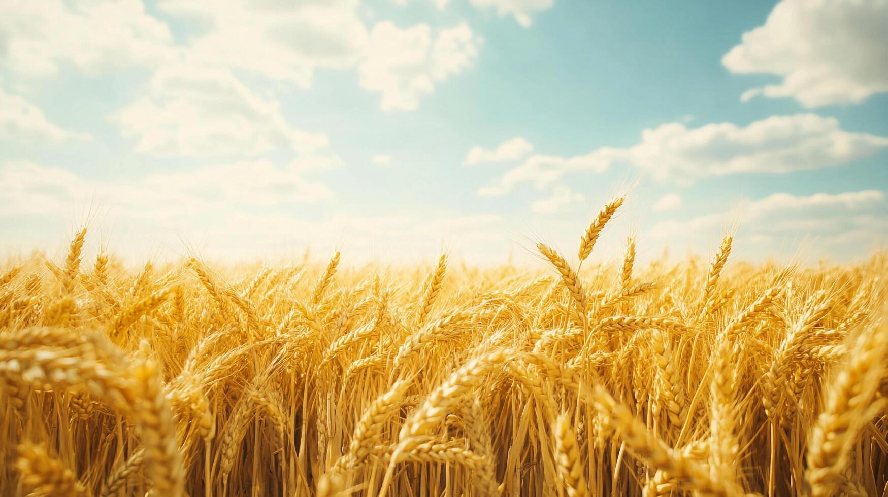 Golden wheat field under a bright blue sky with puffy white clouds on a summer day, showcasing a bountiful harvest ready to be reaped. photo
