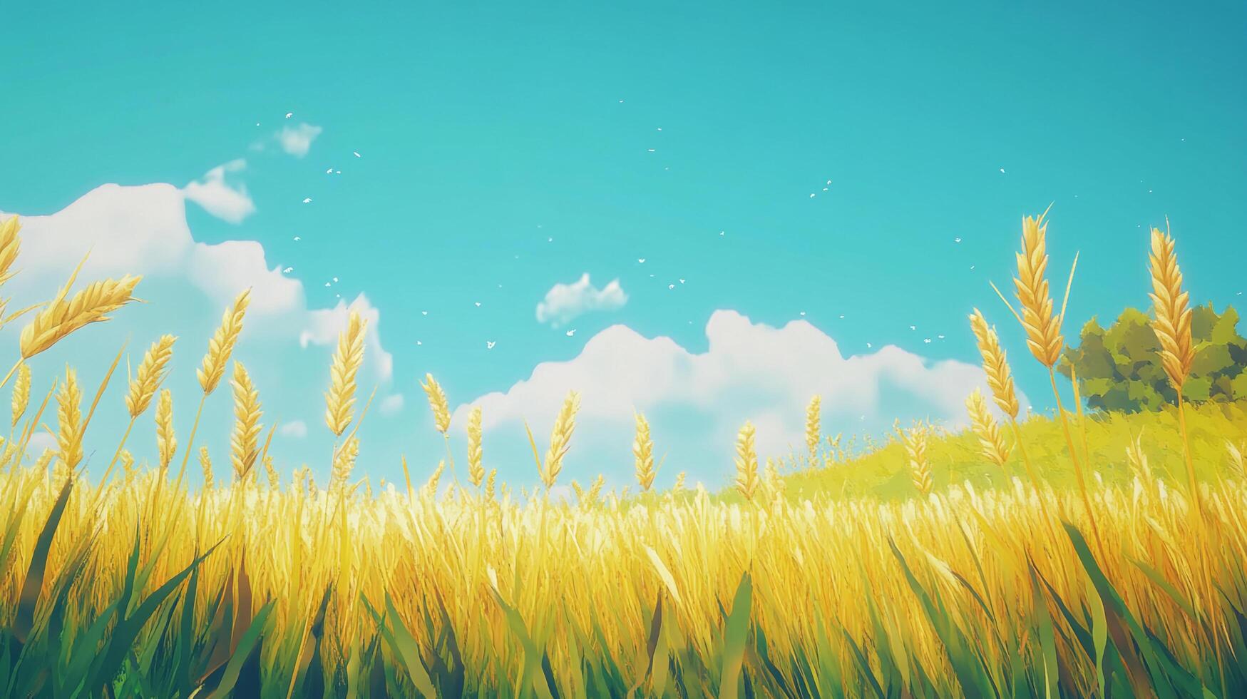 Golden wheat field under a bright blue sky with fluffy white clouds, creating a peaceful and idyllic rural scene. photo