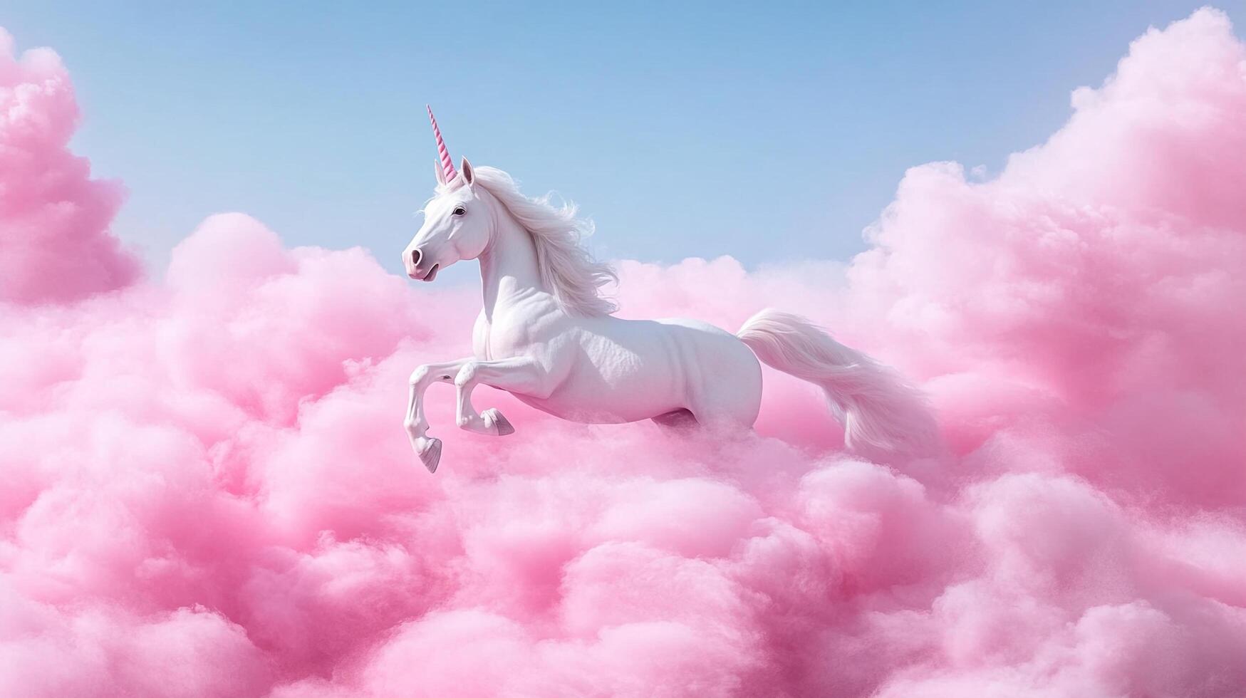 A majestic white unicorn leaps through fluffy pink clouds against a serene blue sky, embodying fantasy and dreams. Magical and surreal. photo