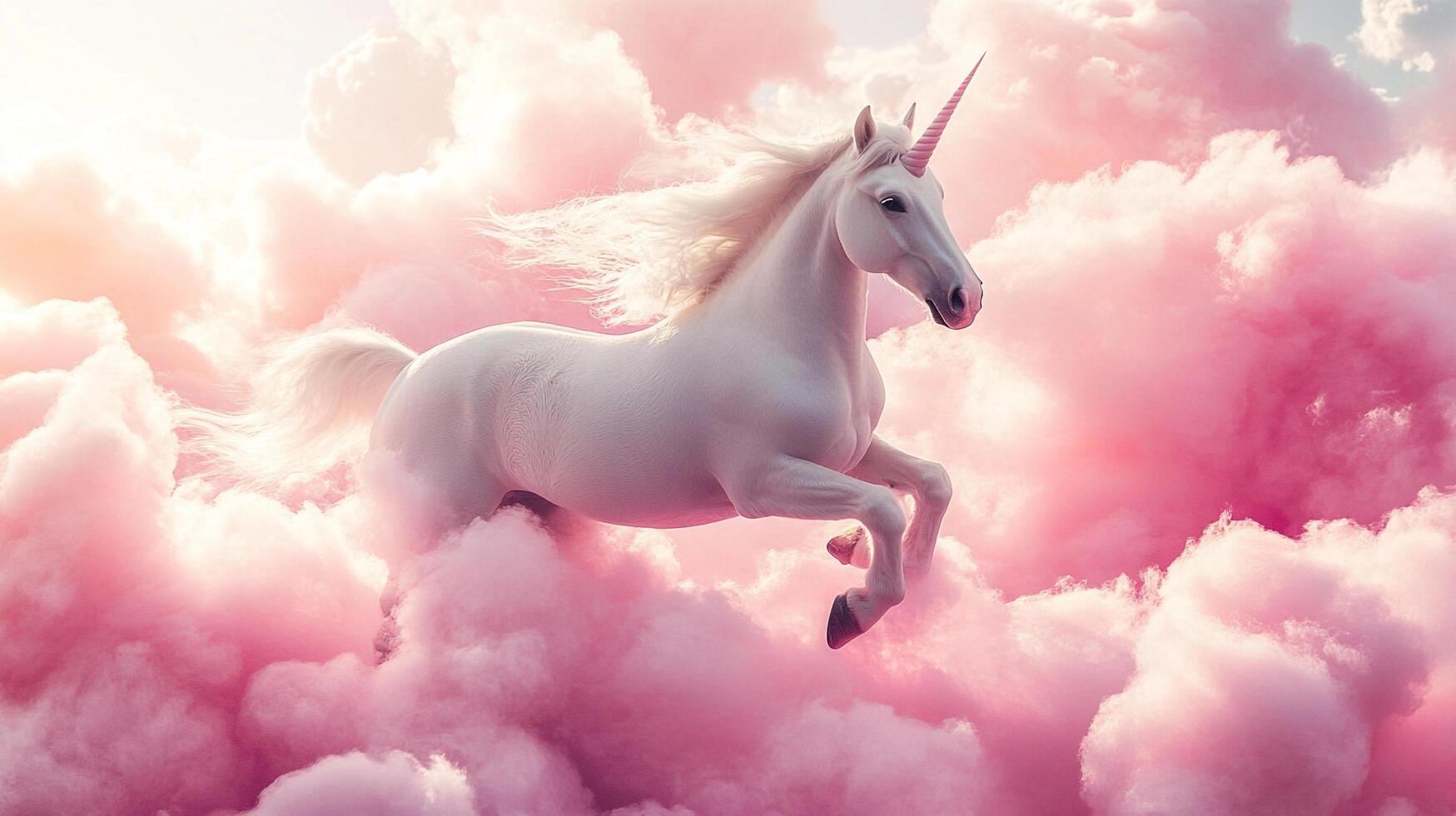A majestic white unicorn leaps from a cloud of pink cotton candy. Dreamlike image evoking fantasy, purity, and magical realms. Ethereal art piece. photo