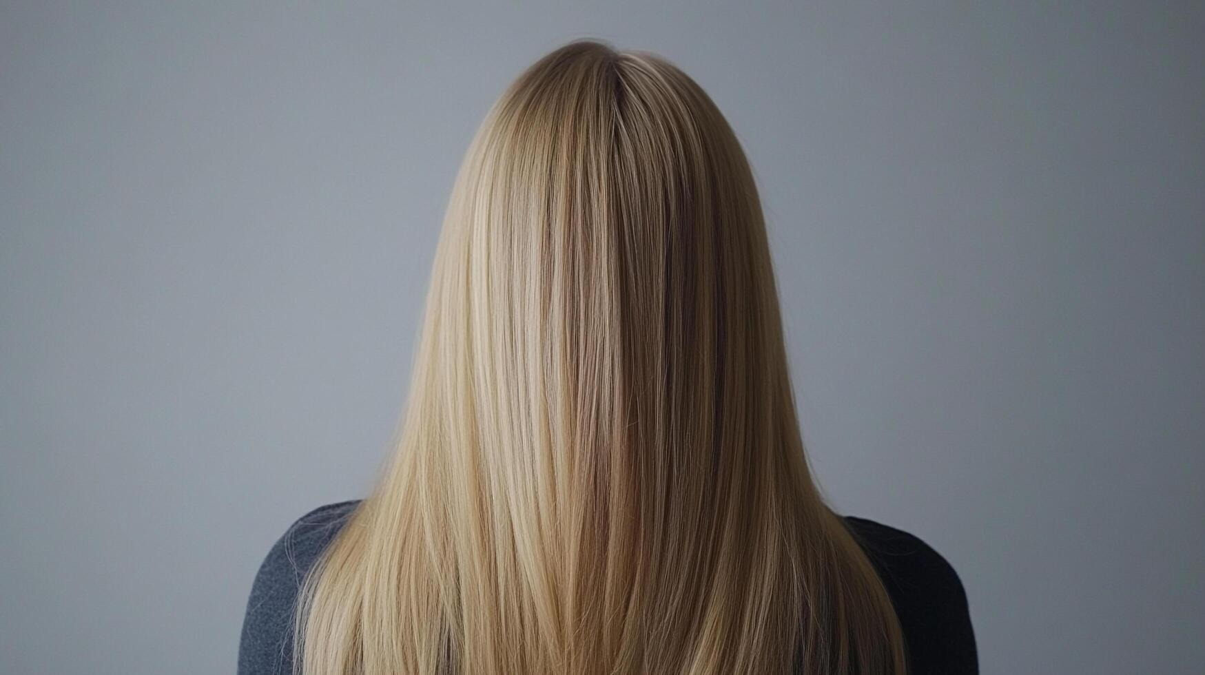 Back view of woman with long, straight blonde hair covering face, posing against a neutral backdrop. Beauty and hairstyle concept. photo