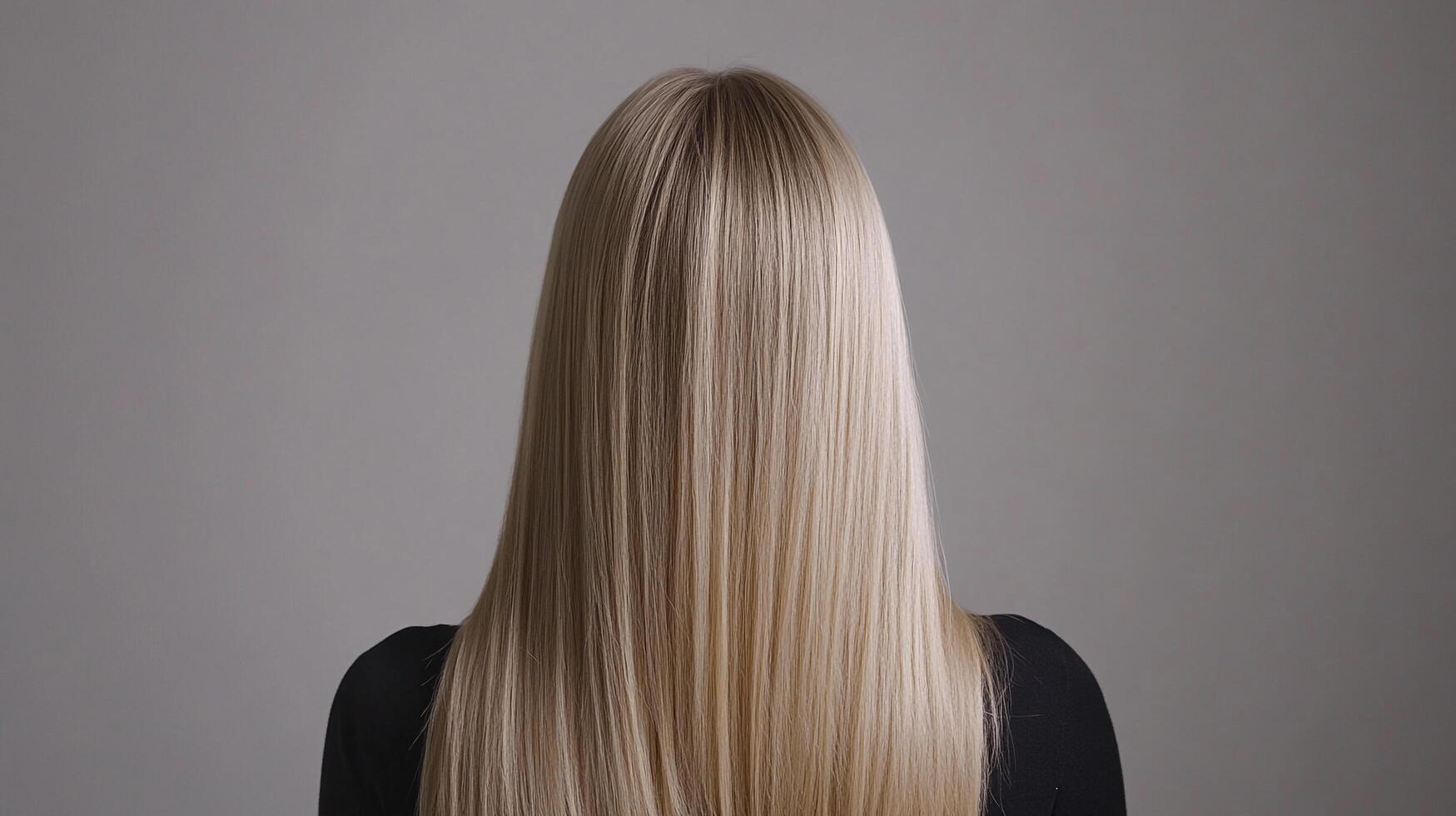 A woman with long, straight blonde hair covering her face is captured against a neutral gray backdrop, showcasing the hair's texture and color. photo