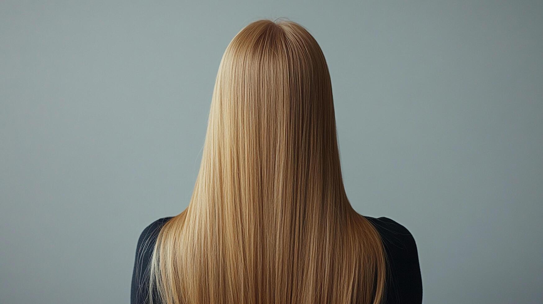 Back view of a woman with long, straight, healthy blonde hair covering her face. She is wearing a black shirt against a gray background. photo