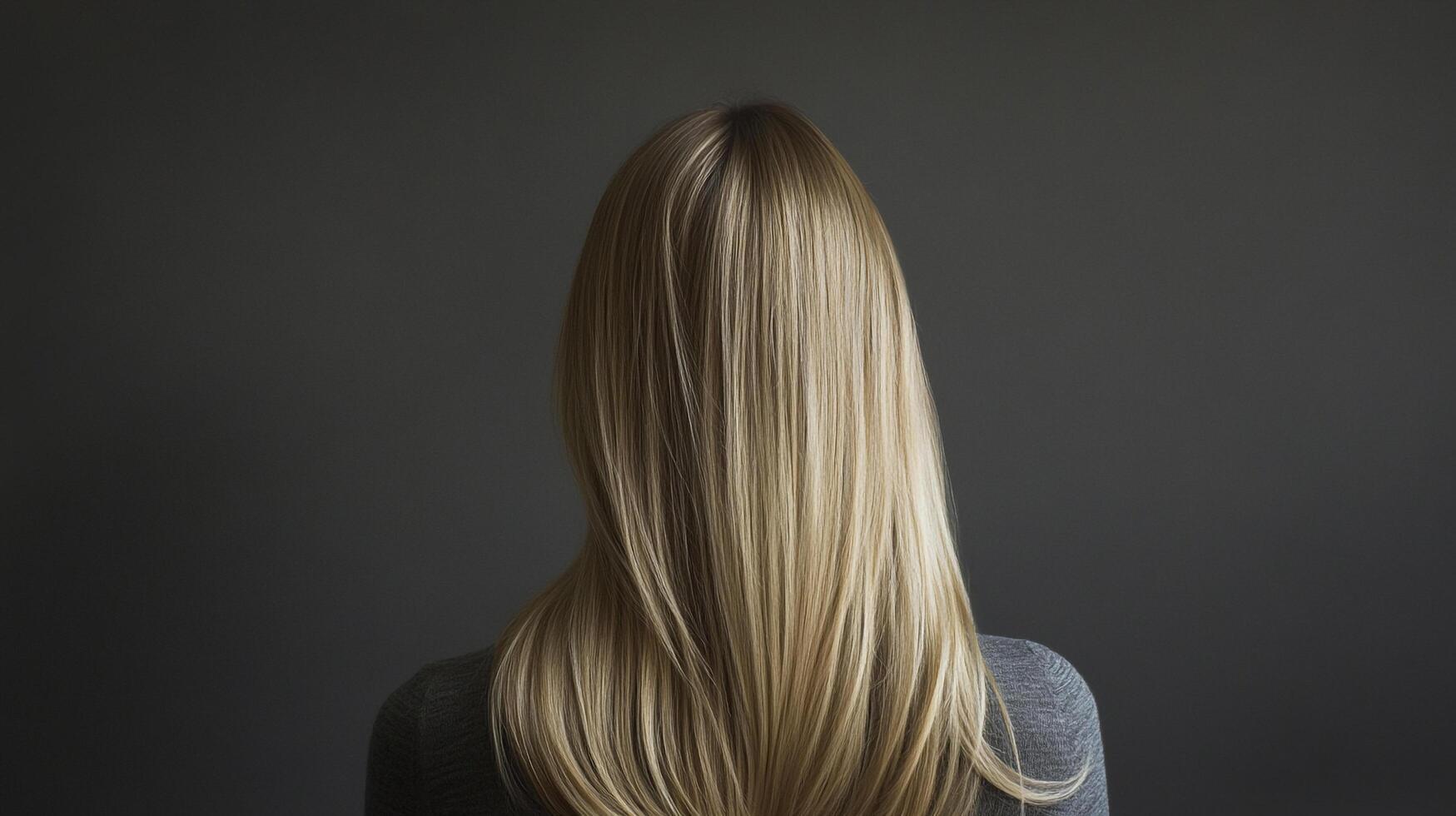 A woman with straight, blonde hair. The hair is long and styled in a middle part, covering the face, with a dark grey background. photo