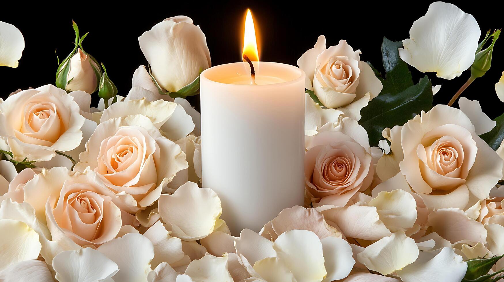 A candle is surrounded by white roses photo