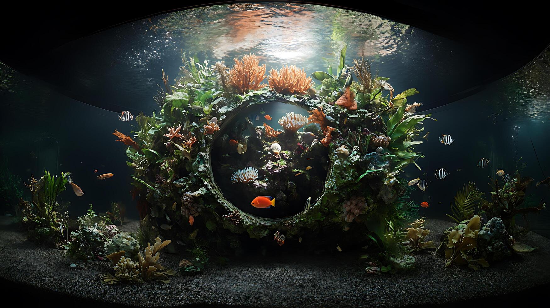 A large aquarium with a circular mirror in it photo
